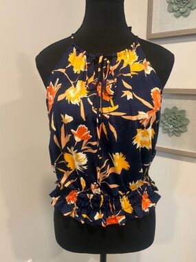 Eclair Navy Floral Print Tie-Neck Blouse with Ruffle Hem NWT!